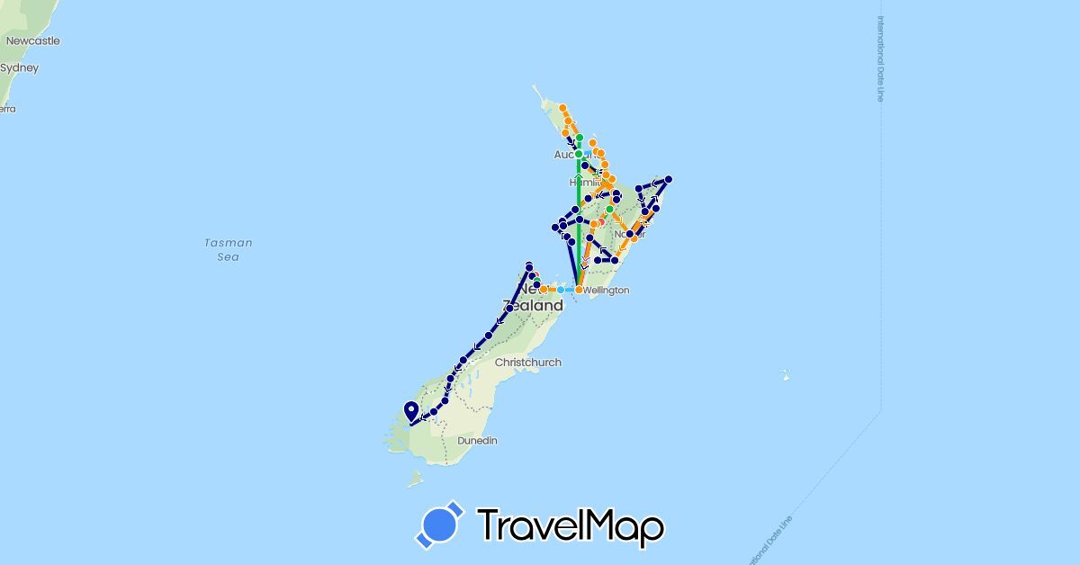 TravelMap itinerary: driving, bus, train, hiking, boat, hitchhiking in New Zealand (Oceania)
